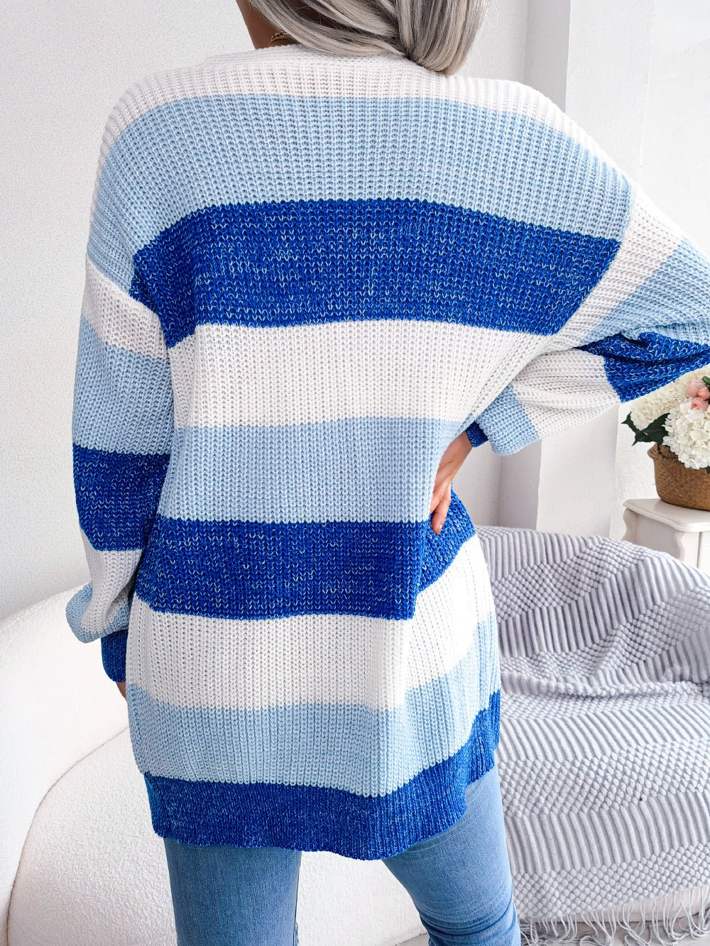 Plaid Sweater Women Casual Lantern Sleeves Cardigan Jacket Outerwear Clothes by null