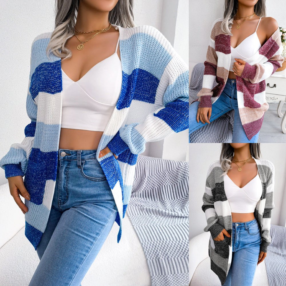 Plaid Sweater Women Casual Lantern Sleeves Cardigan Jacket Outerwear Clothes by null