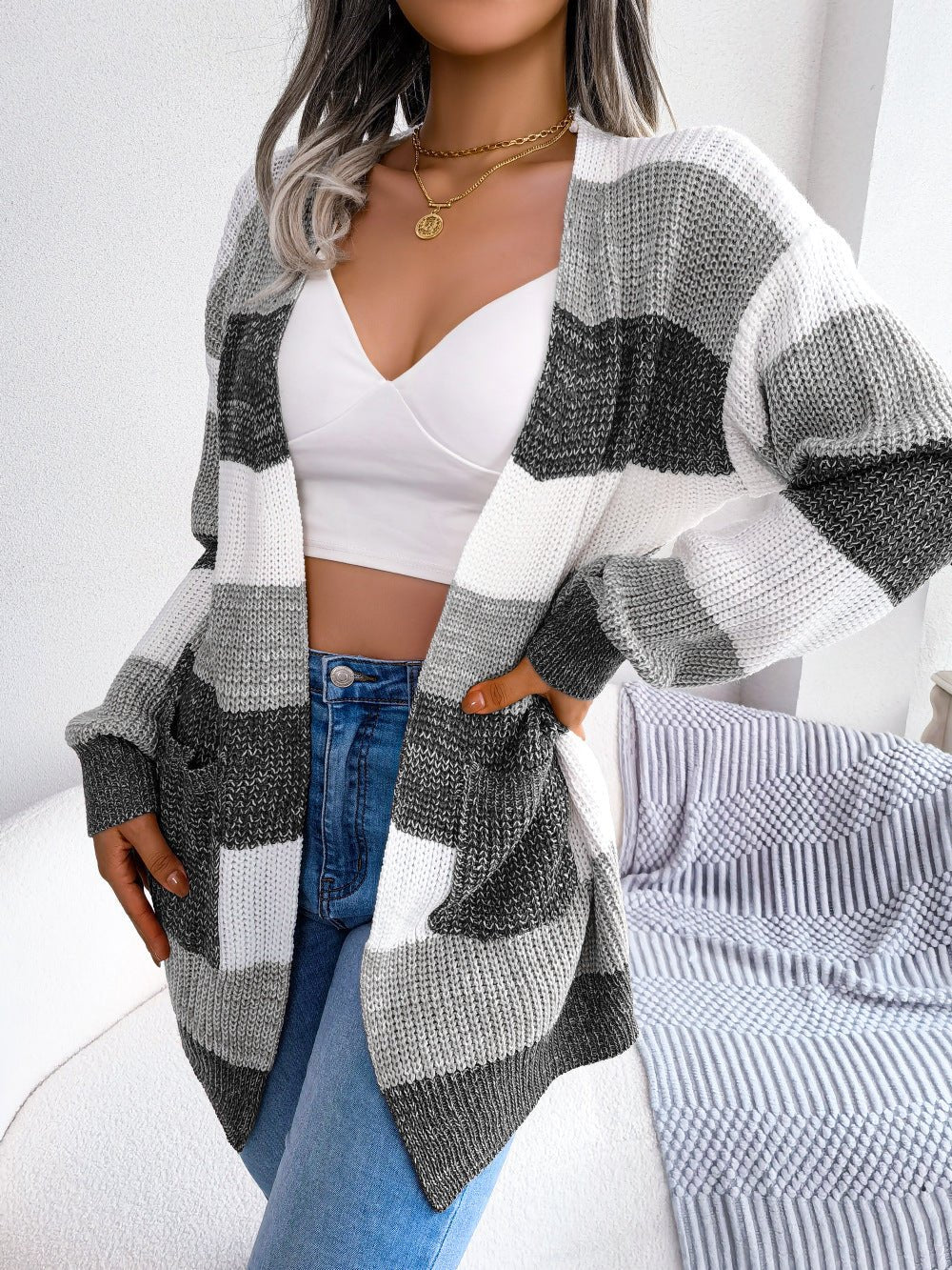 Plaid Sweater Women Casual Lantern Sleeves Cardigan Jacket Outerwear Clothes by null