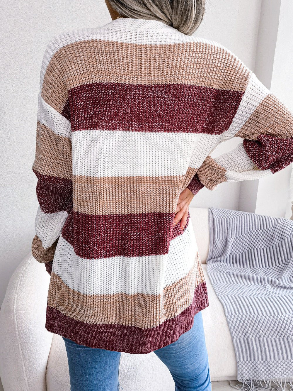 Plaid Sweater Women Casual Lantern Sleeves Cardigan Jacket Outerwear Clothes by null