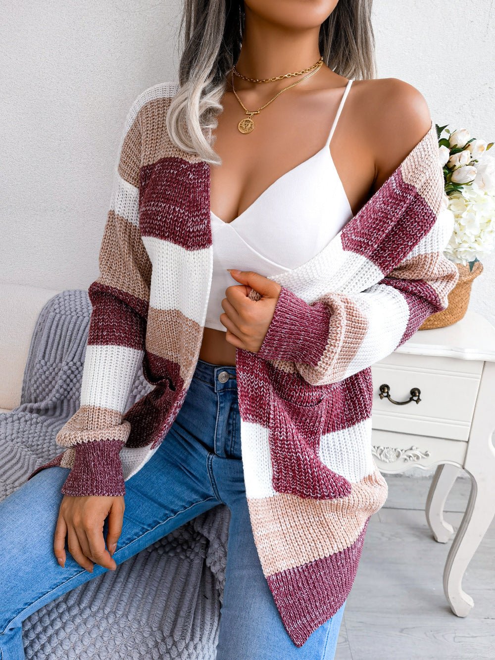 Plaid Sweater Women Casual Lantern Sleeves Cardigan Jacket Outerwear Clothes by null
