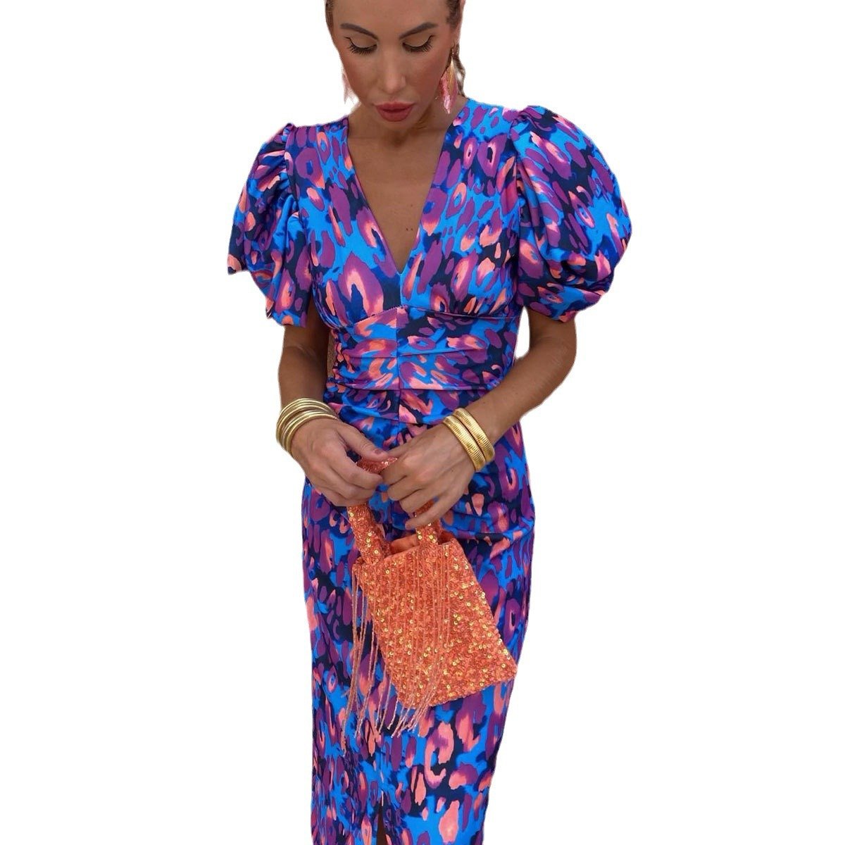Puffed Short Sleeve Dress Summer Floral Printed V-neck Skinny Dresses by null