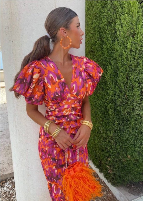 Puffed Short Sleeve Dress Summer Floral Printed V-neck Skinny Dresses by null