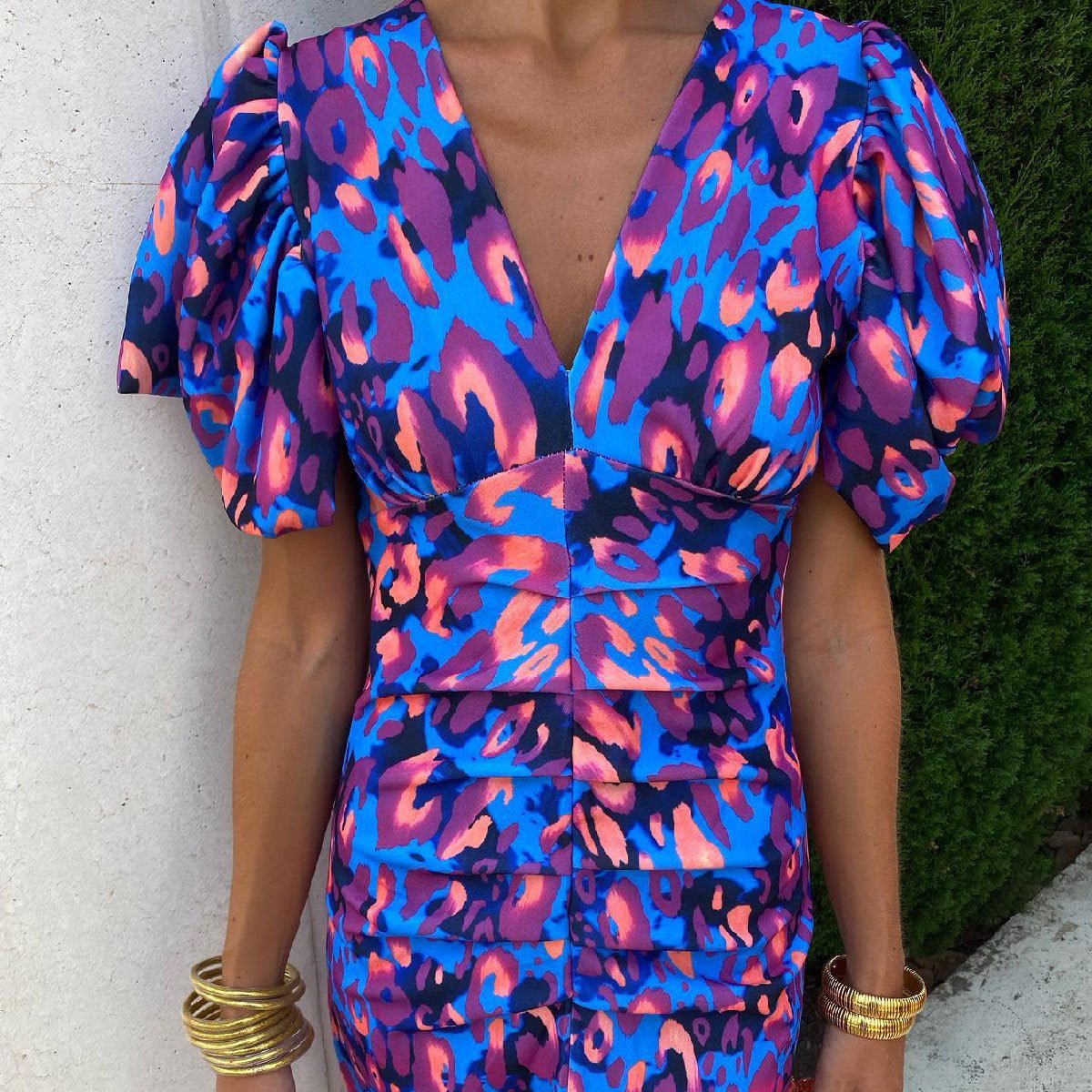 Puffed Short Sleeve Dress Summer Floral Printed V-neck Skinny Dresses by null
