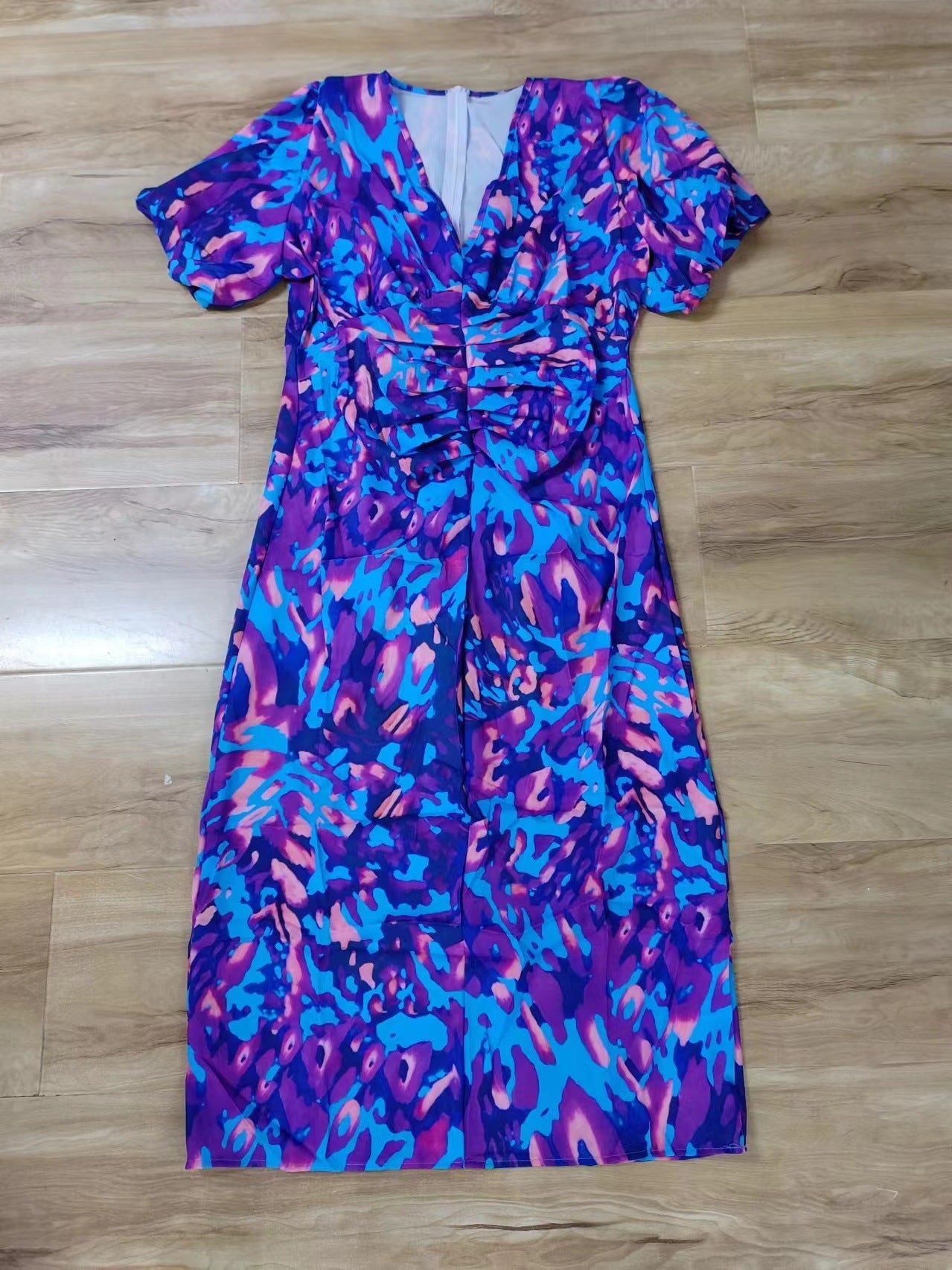 Puffed Short Sleeve Dress Summer Floral Printed V-neck Skinny Dresses by null