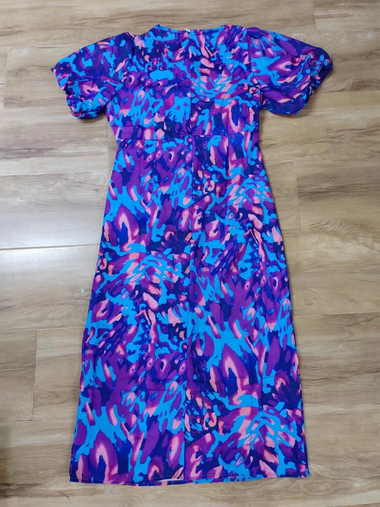 Puffed Short Sleeve Dress Summer Floral Printed V-neck Skinny Dresses by null