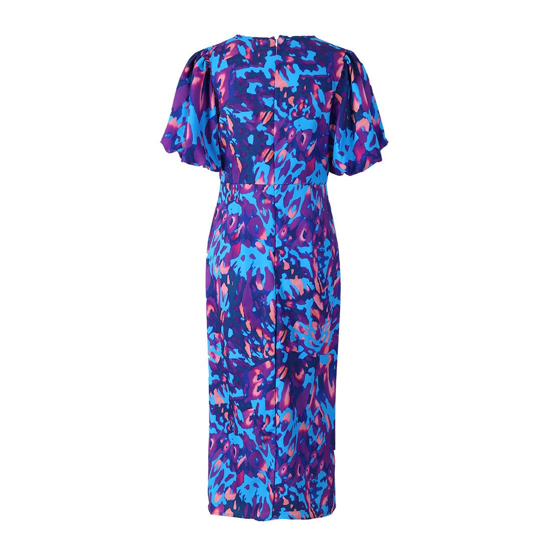Puffed Short Sleeve Dress Summer Floral Printed V-neck Skinny Dresses by null