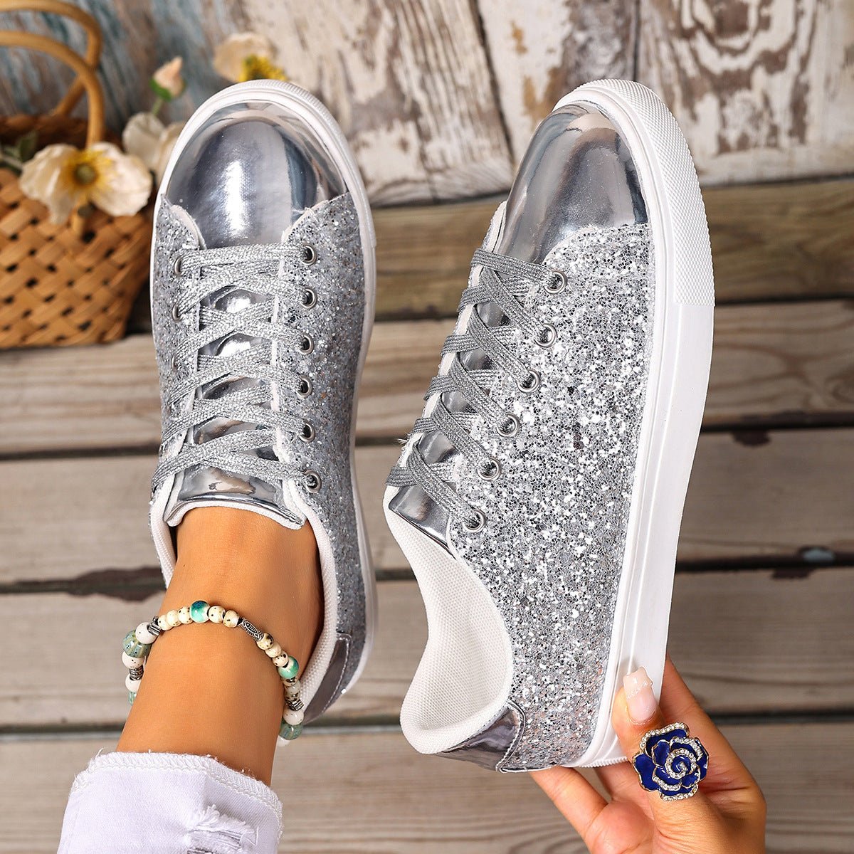 Sequined Lace-Up Board Shoes Solid Color Flat - DLC MARKET