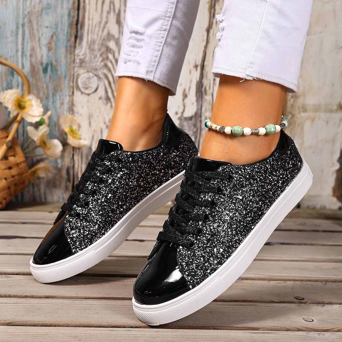 Sequined Lace-Up Board Shoes Solid Color Flat - DLC MARKET