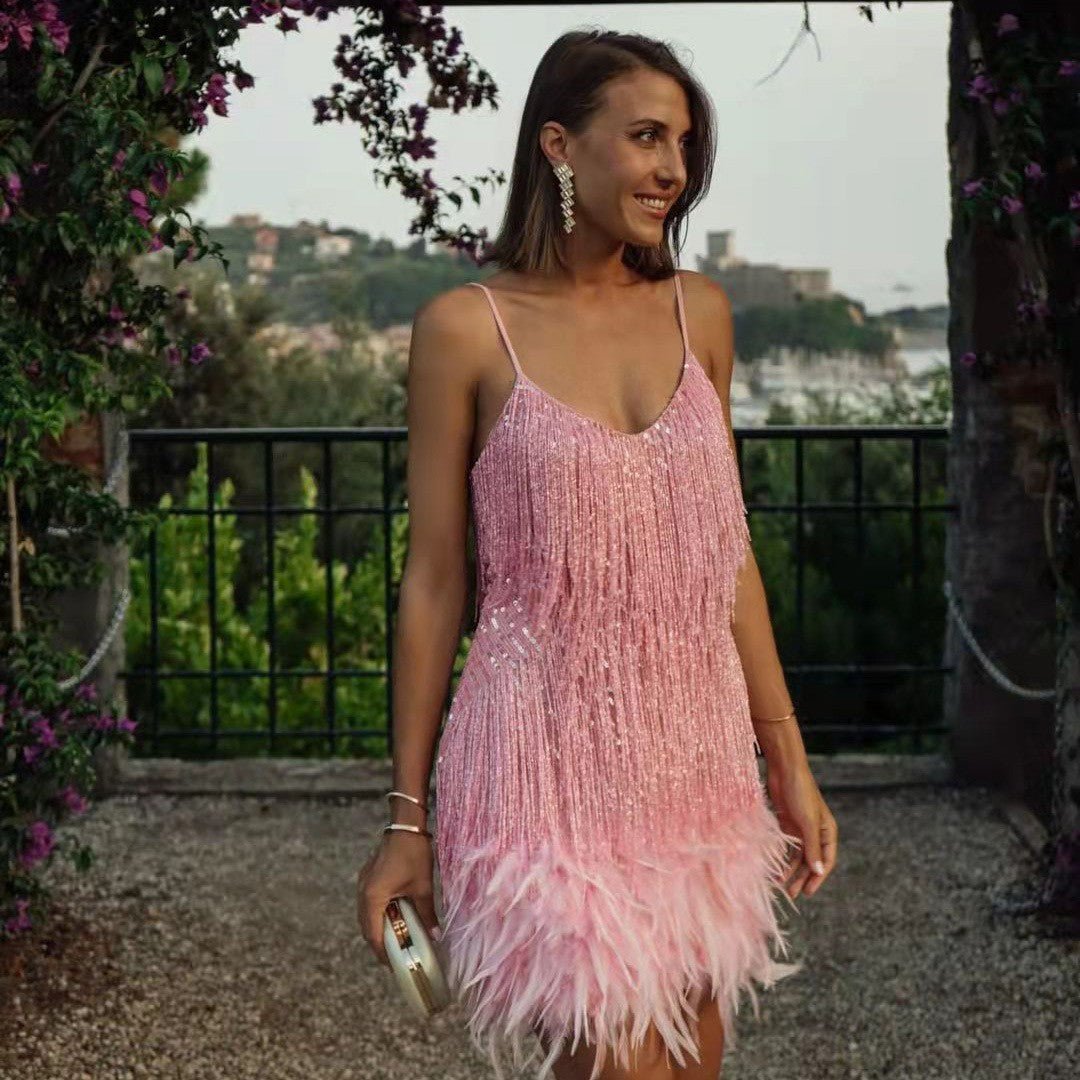Sexy Tassel Sequins Feather Summer Mini Dress Women V Neck Spaghetti Strap Stitching Dresses Female Elegant Evening Party Club Dress by null