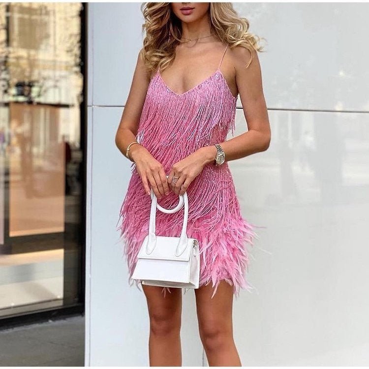 Sexy Tassel Sequins Feather Summer Mini Dress Women V Neck Spaghetti Strap Stitching Dresses Female Elegant Evening Party Club Dress by null