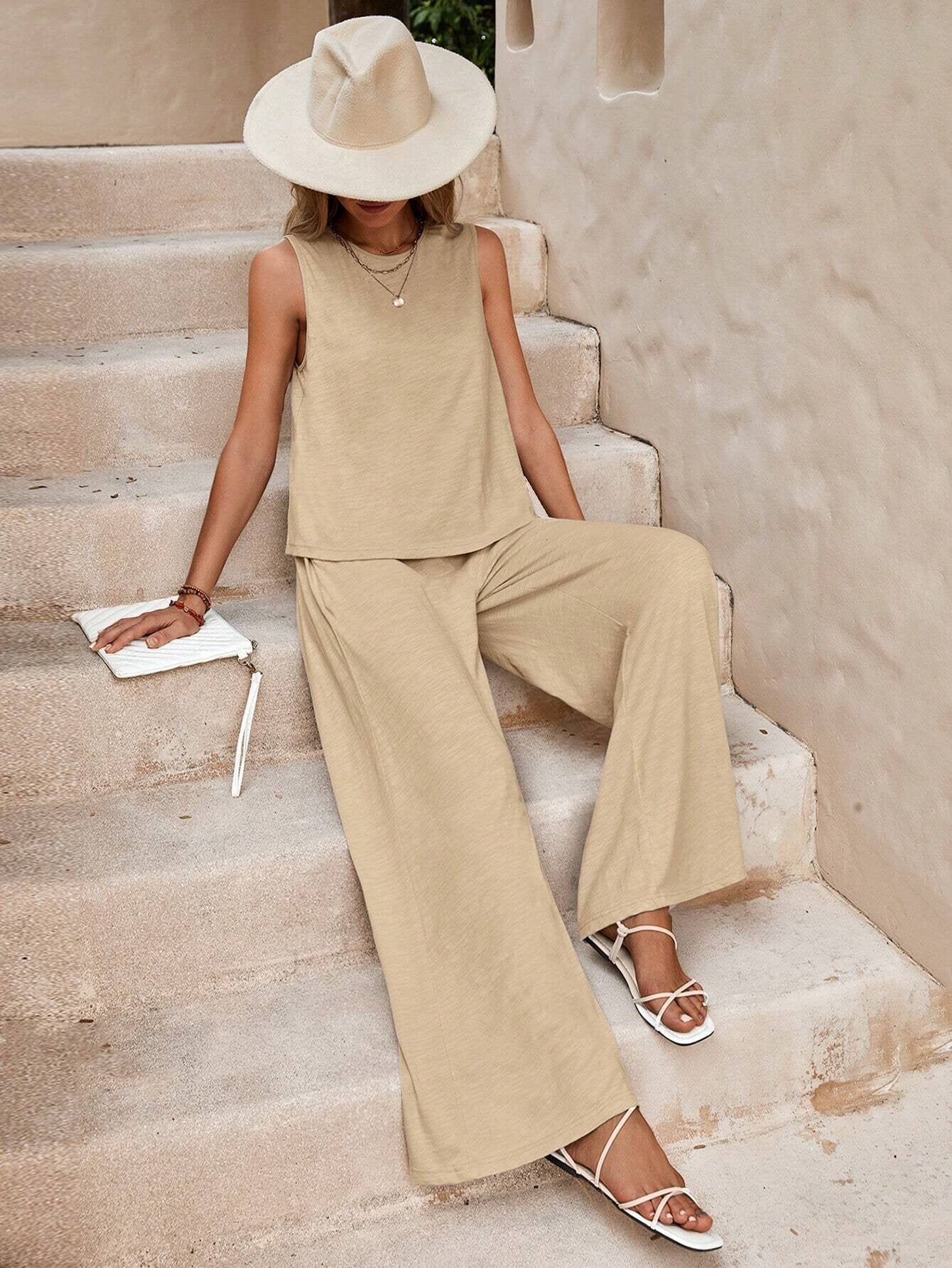 Solid Color Casual Loose Pants Sets For Women Elegant Spring Summer Women's Two Pieces Suit Full Trouser Set Female Outfit Clothes by null