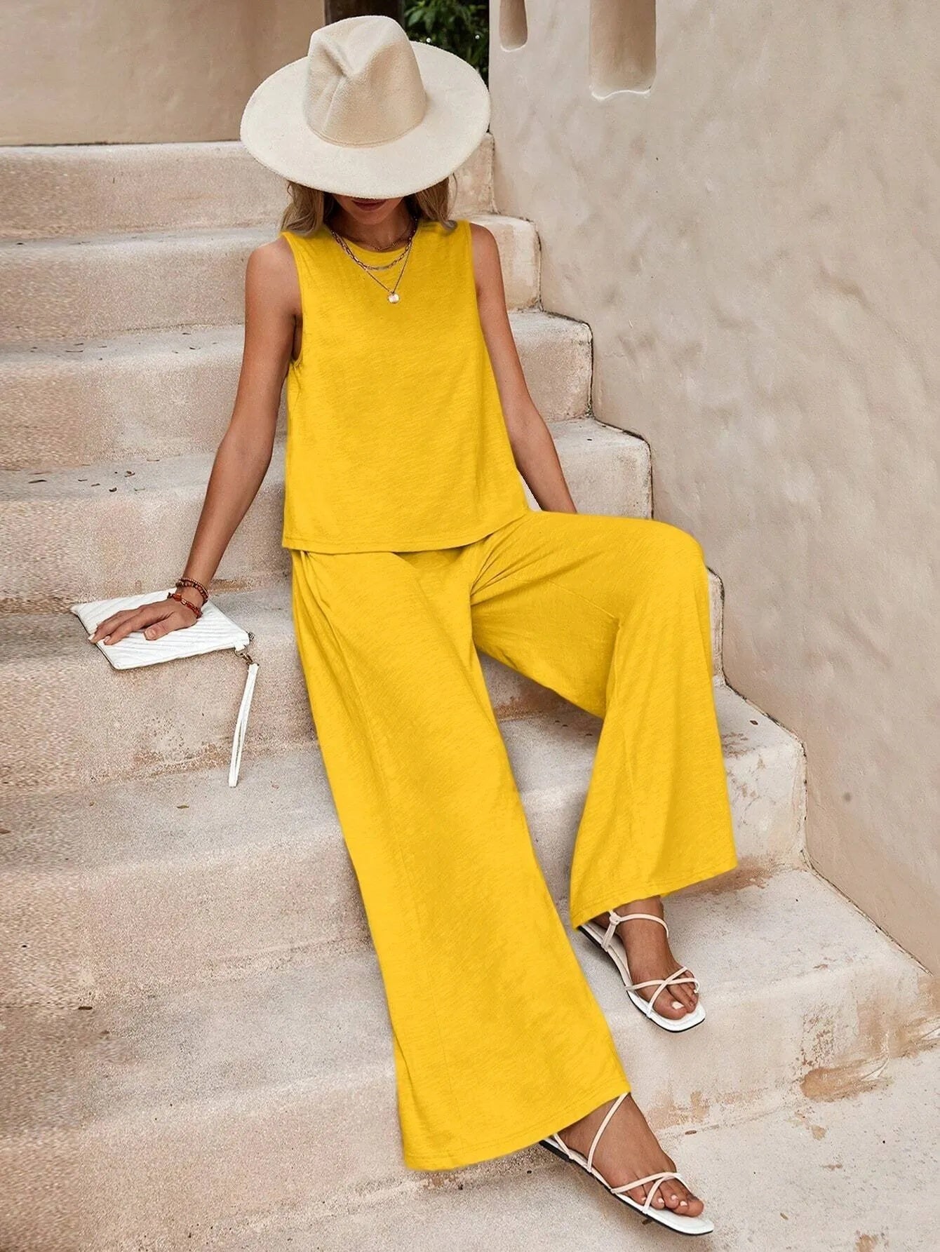 Solid Color Casual Loose Pants Sets For Women Elegant Spring Summer Women's Two Pieces Suit Full Trouser Set Female Outfit Clothes by null