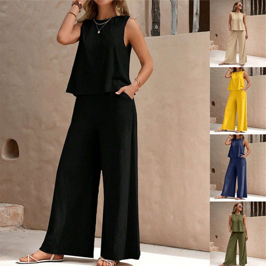 Solid Color Casual Loose Pants Sets For Women Elegant Spring Summer Women's Two Pieces Suit Full Trouser Set Female Outfit Clothes by null