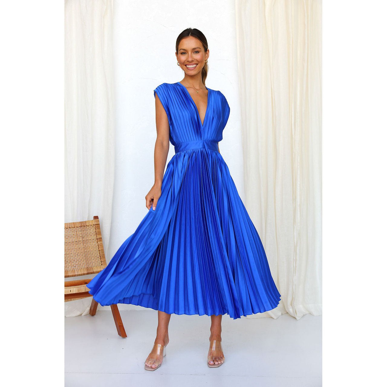 Summer V Neck Pleated Dress For Women Casual Sleeveless Zip Front Loose Fit Lightweight Polyester by null
