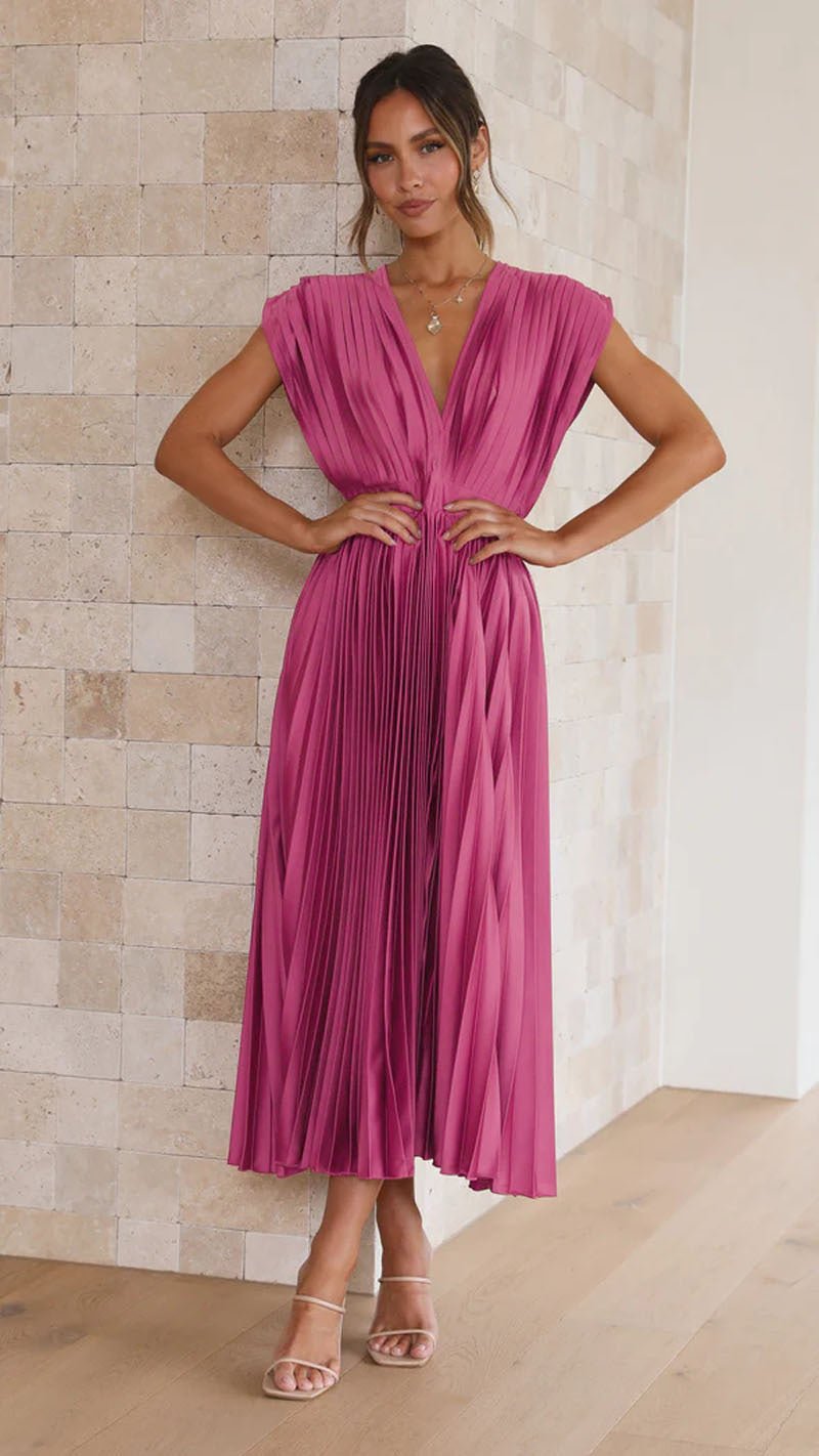 Summer V Neck Pleated Dress For Women Casual Sleeveless Zip Front Loose Fit Lightweight Polyester by null