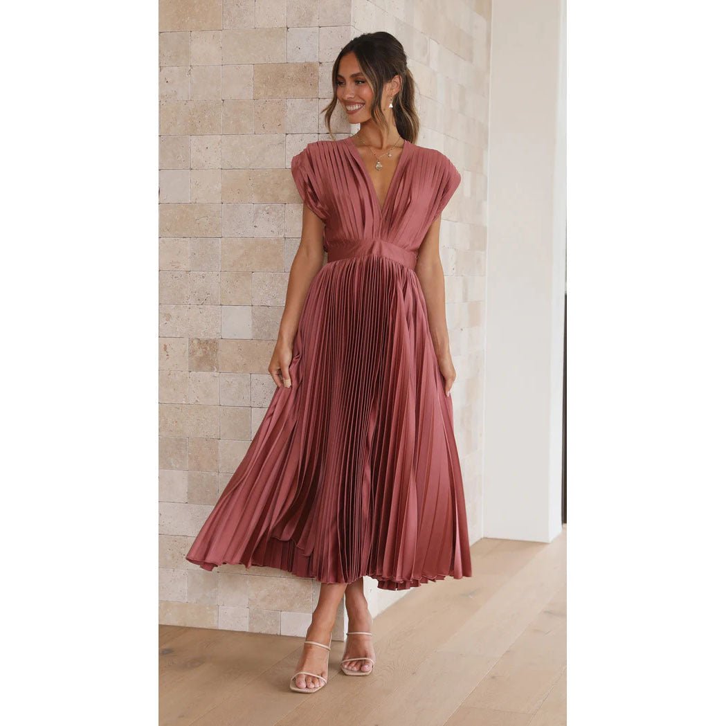 Summer V Neck Pleated Dress For Women Casual Sleeveless Zip Front Loose Fit Lightweight Polyester by null