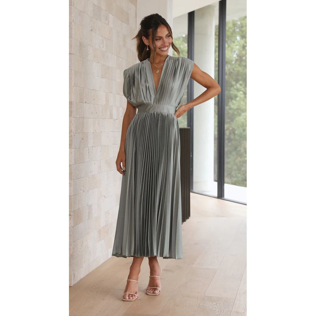 Summer V Neck Pleated Dress For Women Casual Sleeveless Zip Front Loose Fit Lightweight Polyester by null