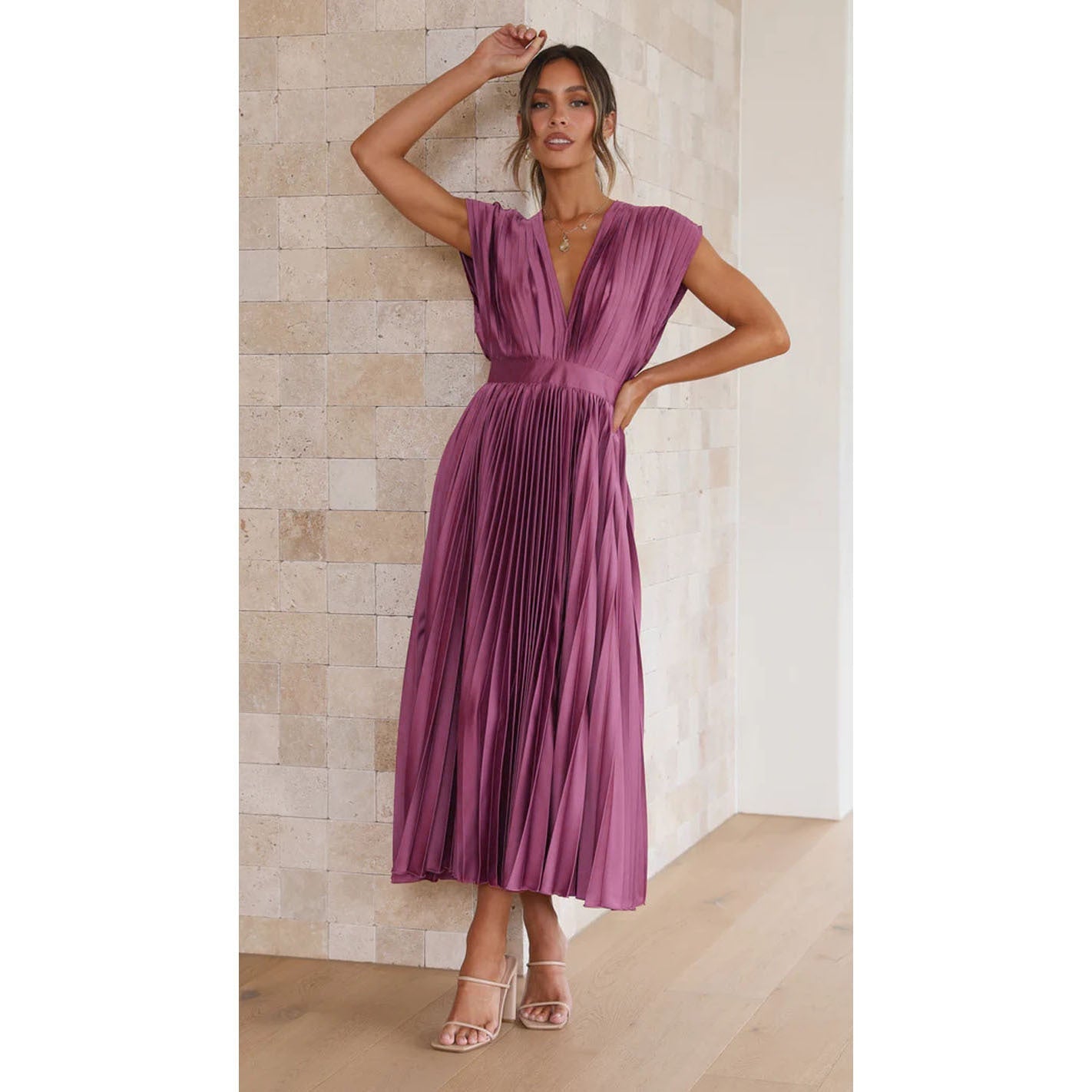 Summer V Neck Pleated Dress For Women Casual Sleeveless Zip Front Loose Fit Lightweight Polyester by null