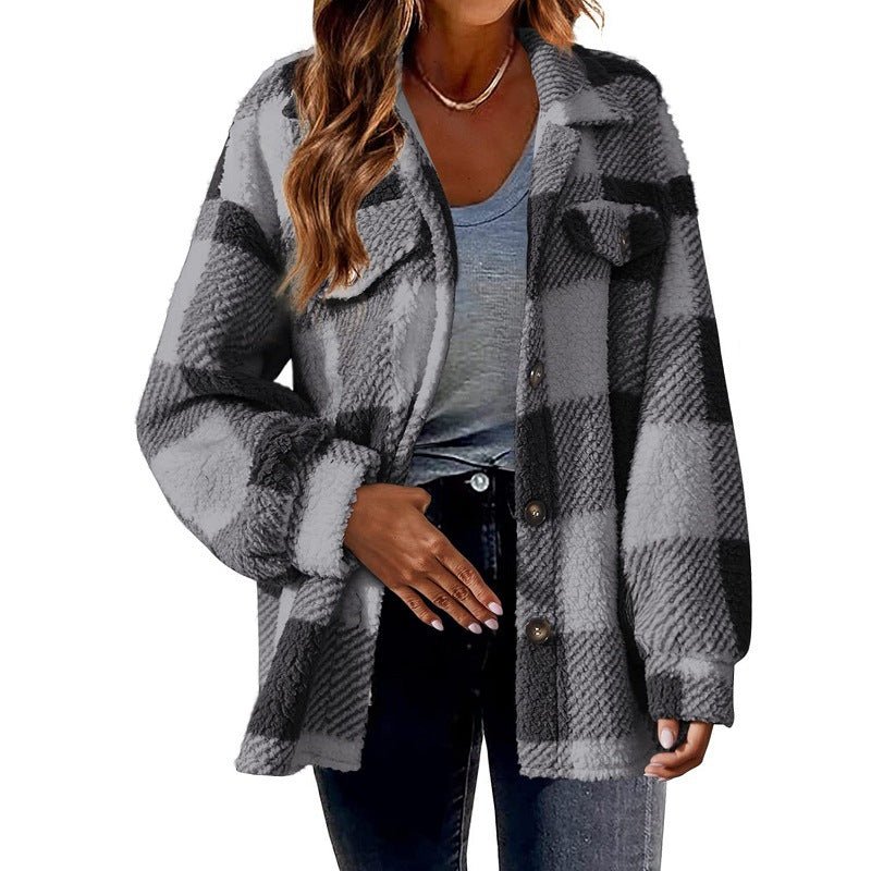 Turndown Collar Plaid Jacket With Pockets Single Breasted Button Down Woolen Jacket Autumn And Winter Clothes For Women by null
