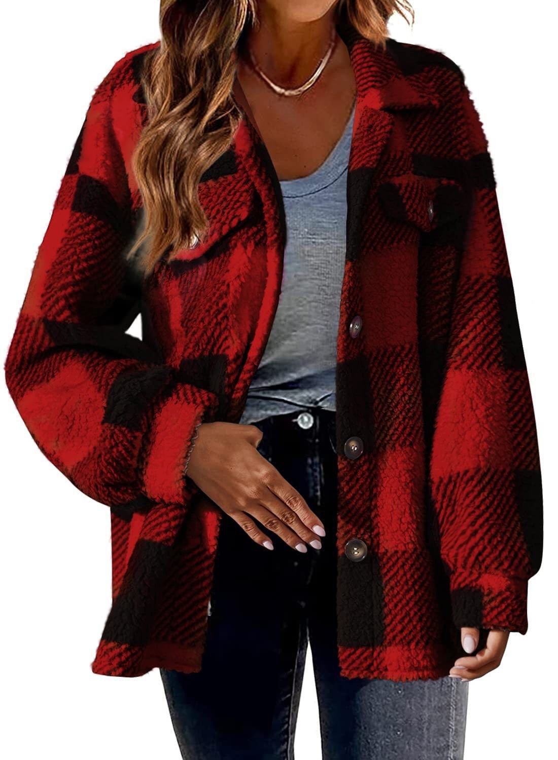 Turndown Collar Plaid Jacket With Pockets Single Breasted Button Down Woolen Jacket Autumn And Winter Clothes For Women by null