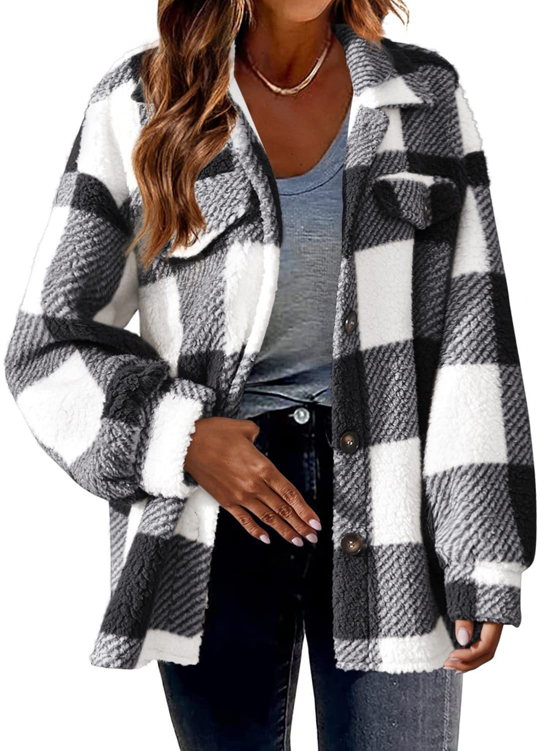 Turndown Collar Plaid Jacket With Pockets Single Breasted Button Down Woolen Jacket Autumn And Winter Clothes For Women by null