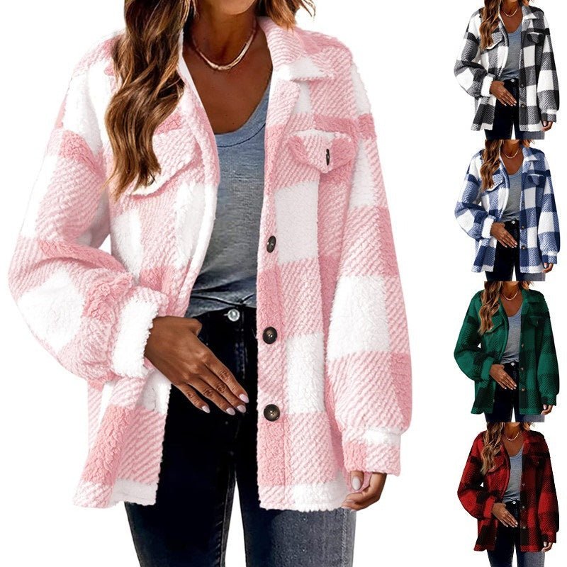 Turndown Collar Plaid Jacket With Pockets Single Breasted Button Down Woolen Jacket Autumn And Winter Clothes For Women by null