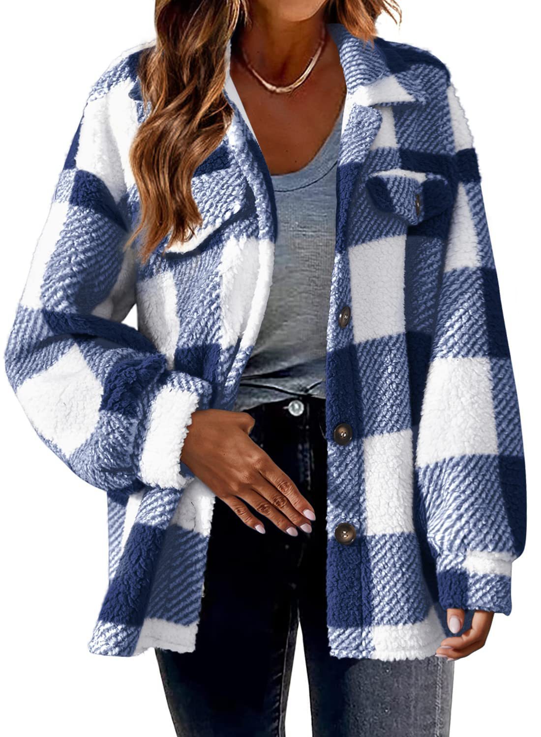 Turndown Collar Plaid Jacket With Pockets Single Breasted Button Down Woolen Jacket Autumn And Winter Clothes For Women by null