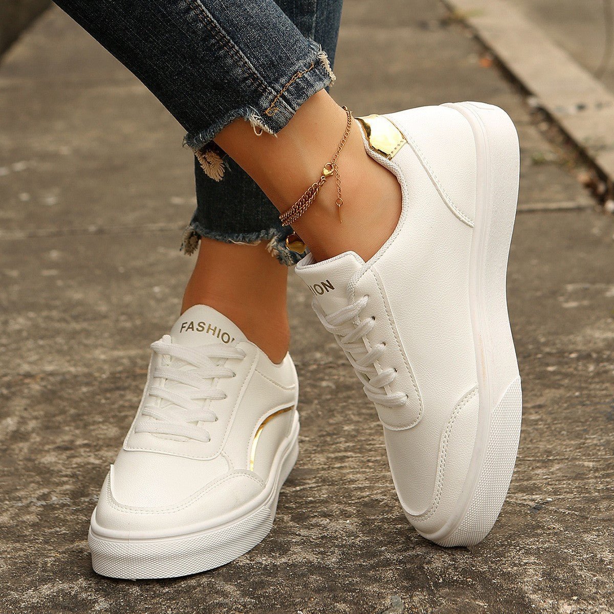White Lace-Up Flats Round Toe Thick Sole - DLC MARKET