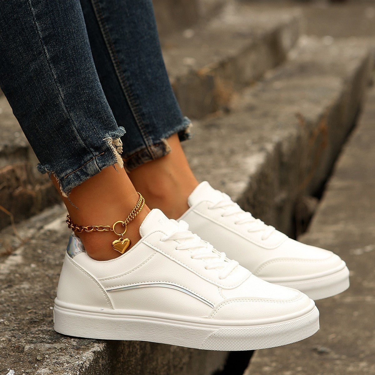 White Lace-Up Flats Round Toe Thick Sole - DLC MARKET