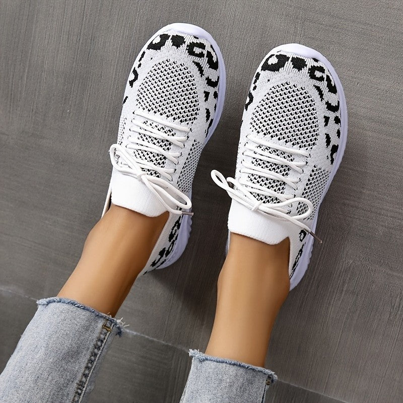 White Leopard Print Lace-Up Sneakers - DLC MARKET