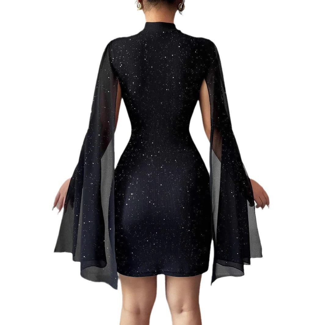 Womens Elegant Black Evening Party Dress With Round Neck Chiffon Cape Sleeves Pearl Embellishment High Waist Short Skirt by null