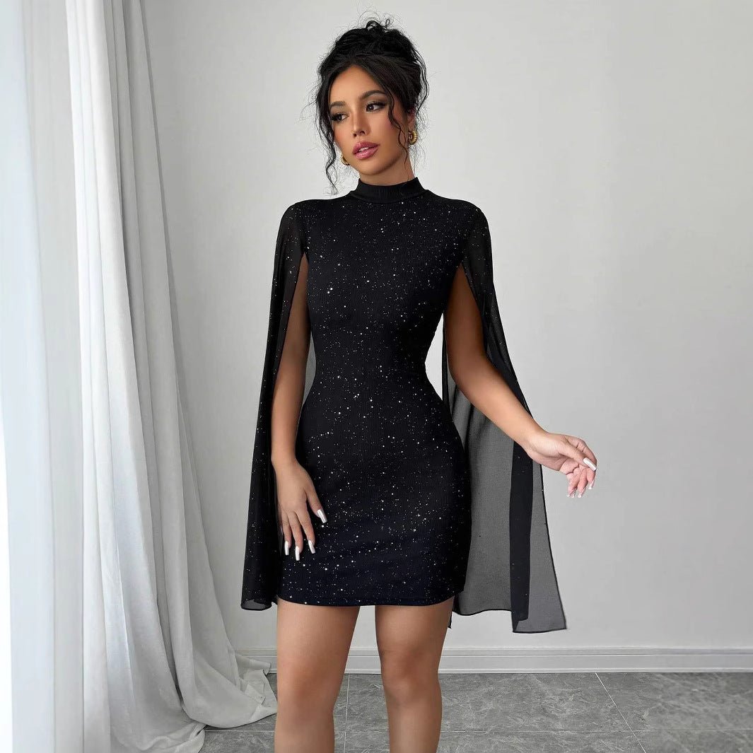 Womens Elegant Black Evening Party Dress With Round Neck Chiffon Cape Sleeves Pearl Embellishment High Waist Short Skirt by null