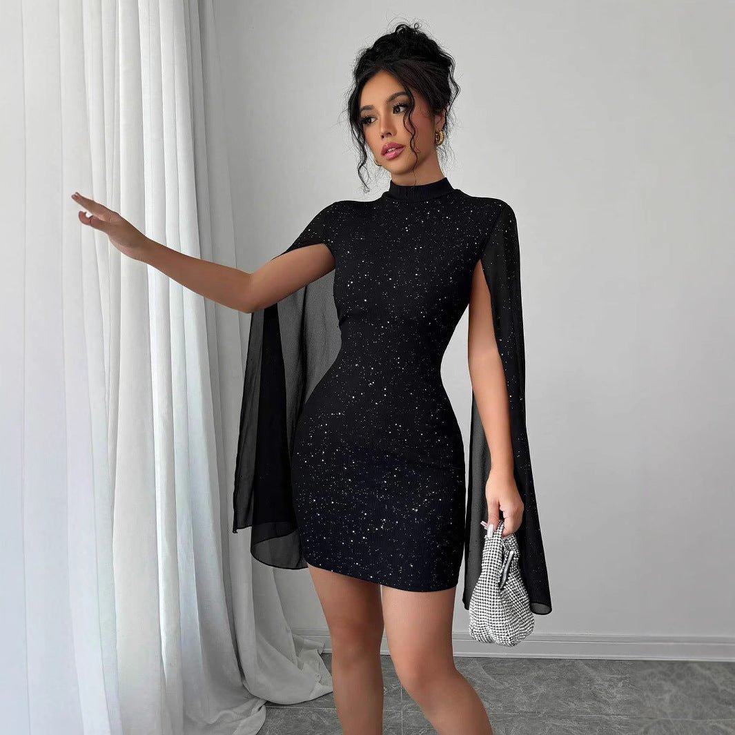Womens Elegant Black Evening Party Dress With Round Neck Chiffon Cape Sleeves Pearl Embellishment High Waist Short Skirt by null