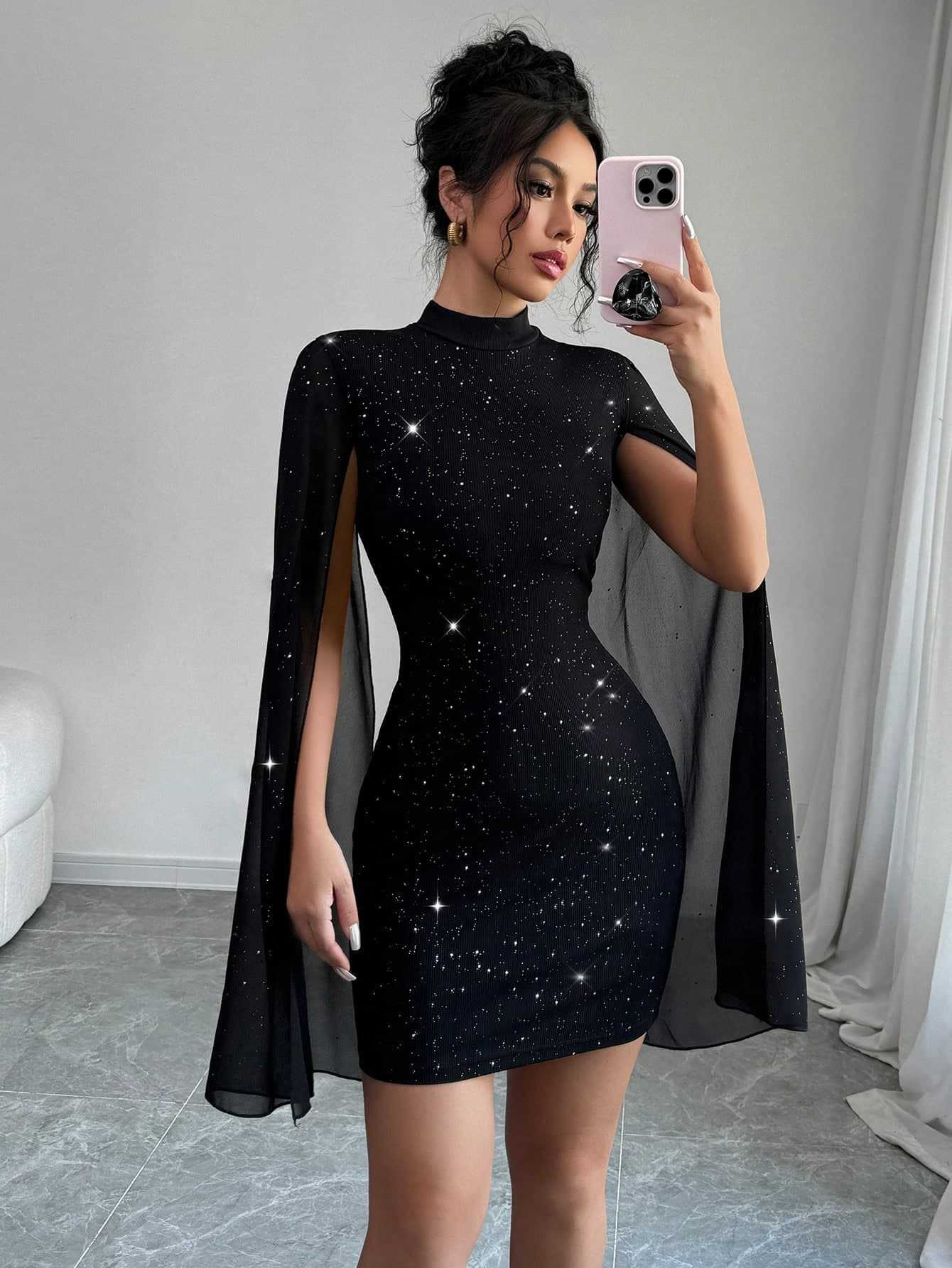 Womens Elegant Black Evening Party Dress With Round Neck Chiffon Cape Sleeves Pearl Embellishment High Waist Short Skirt by null