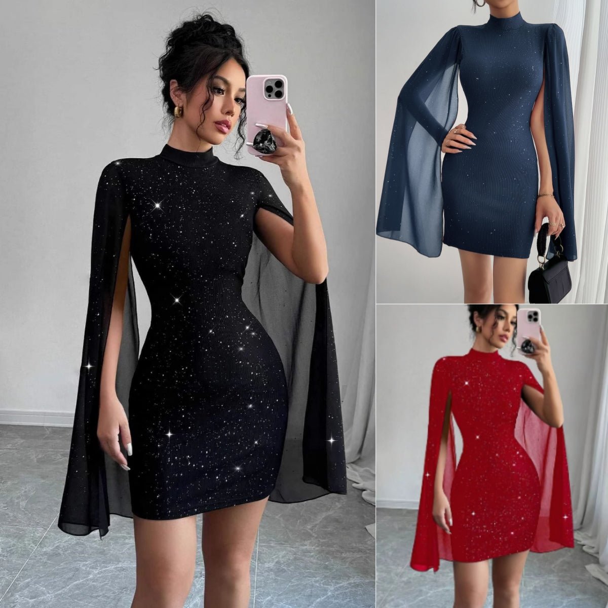 Womens Elegant Black Evening Party Dress With Round Neck Chiffon Cape Sleeves Pearl Embellishment High Waist Short Skirt by null