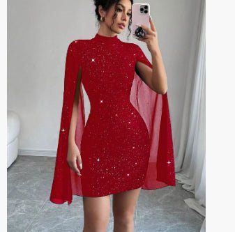 Womens Elegant Black Evening Party Dress With Round Neck Chiffon Cape Sleeves Pearl Embellishment High Waist Short Skirt by null