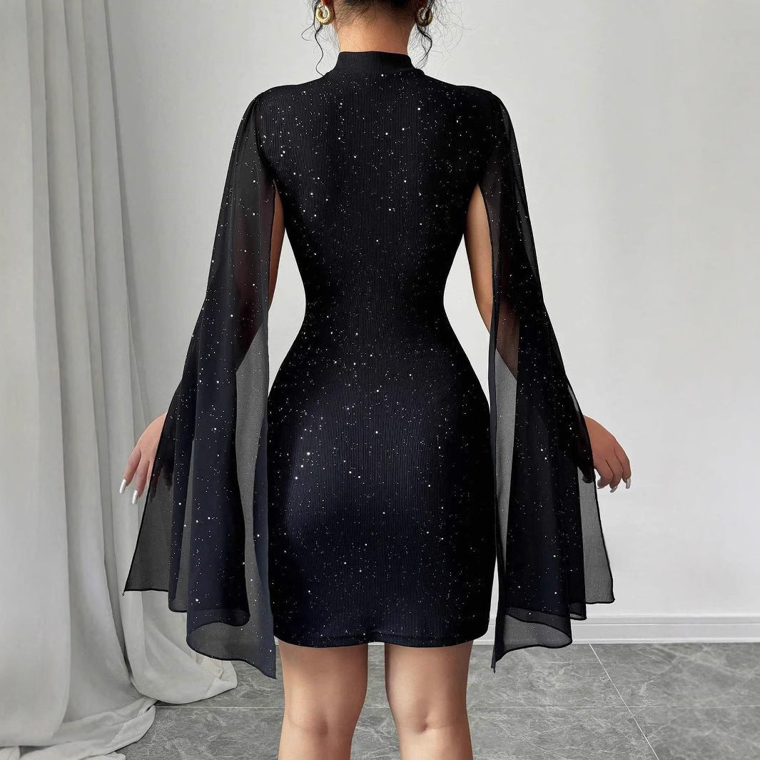 Womens Elegant Black Evening Party Dress With Round Neck Chiffon Cape Sleeves Pearl Embellishment High Waist Short Skirt by null
