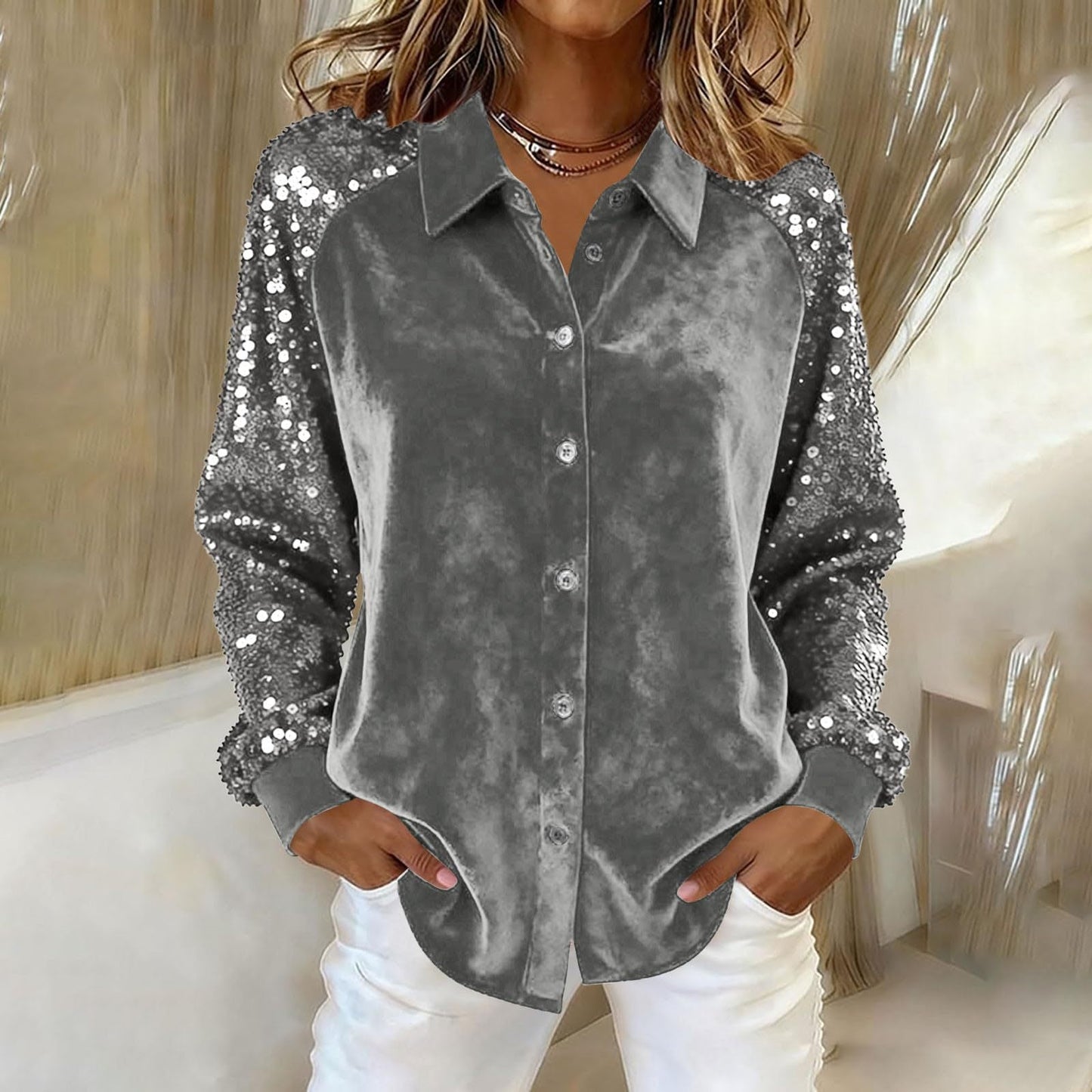 Women's Fashion Sequins Long Sleeve Blouses Casual Solid Long Sleeve Turn-down Collar Button Shirts Top Women Holiday Streetwear Clubwear Clothes by null