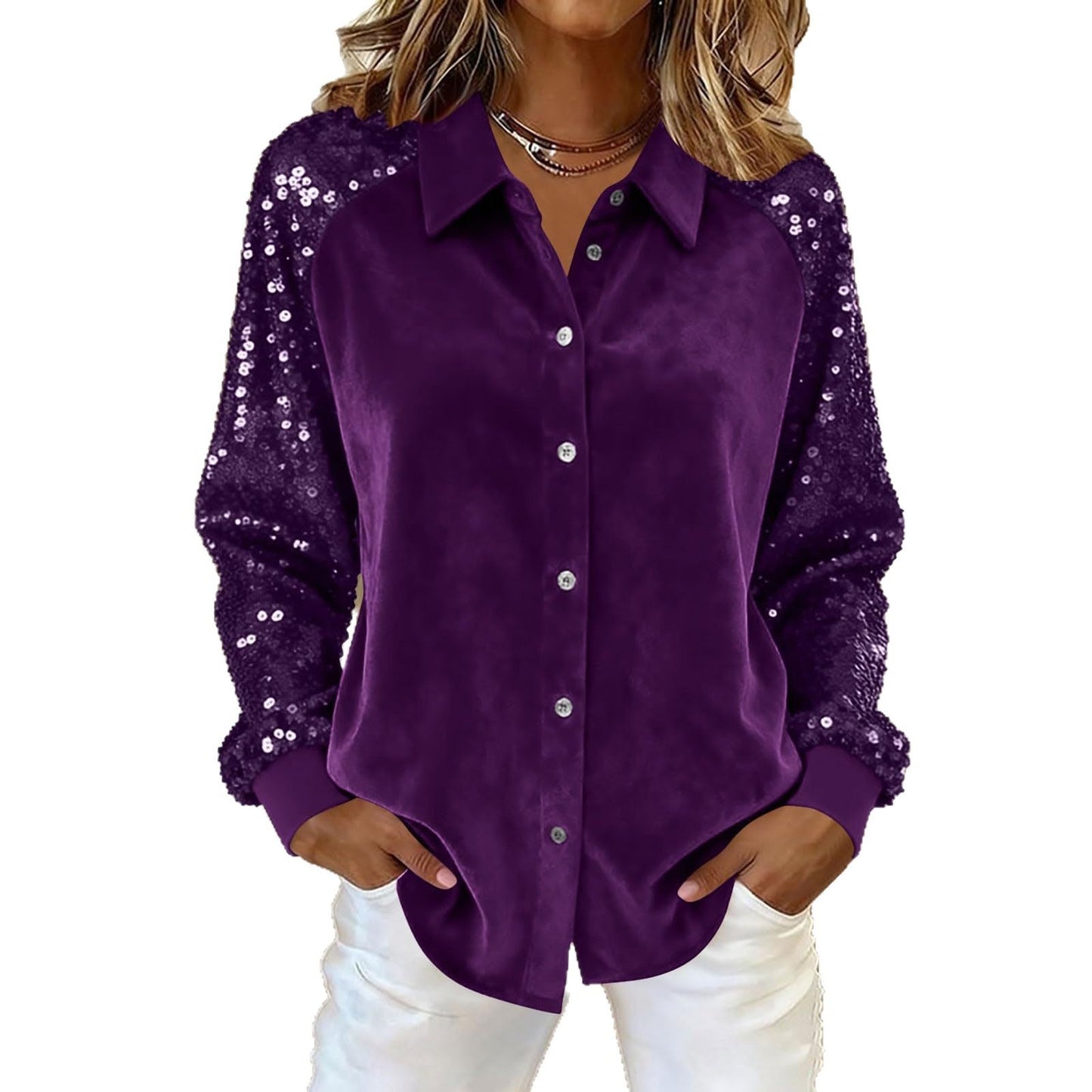 Women's Fashion Sequins Long Sleeve Blouses Casual Solid Long Sleeve Turn-down Collar Button Shirts Top Women Holiday Streetwear Clubwear Clothes by null