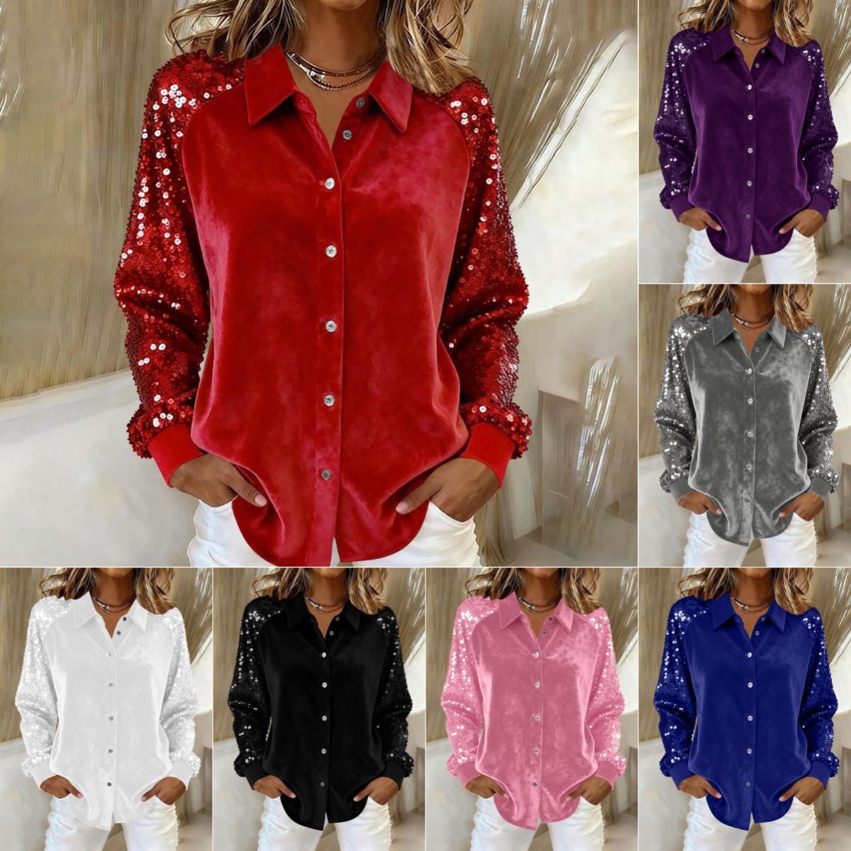 Women's Fashion Sequins Long Sleeve Blouses Casual Solid Long Sleeve Turn-down Collar Button Shirts Top Women Holiday Streetwear Clubwear Clothes by null