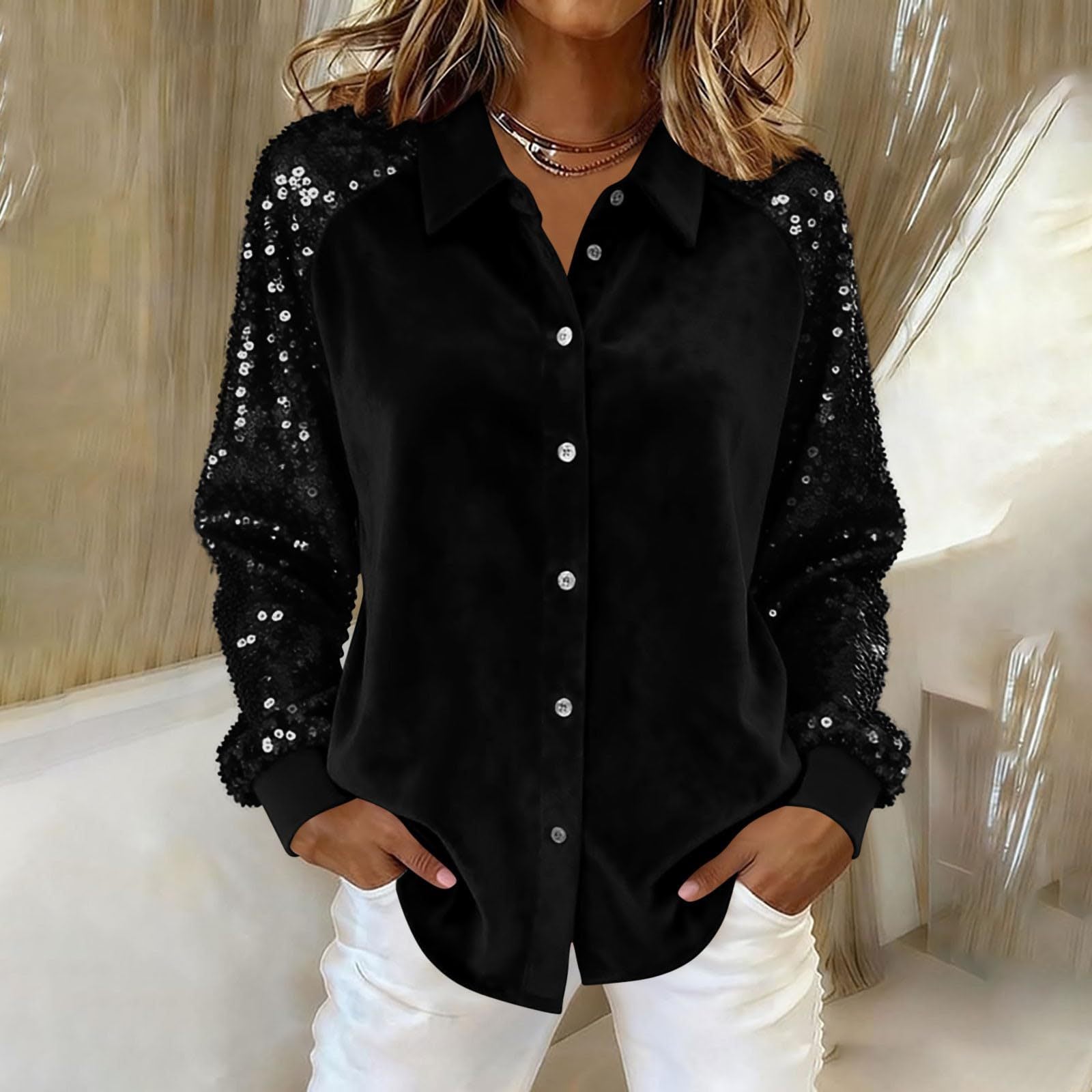 Women's Fashion Sequins Long Sleeve Blouses Casual Solid Long Sleeve Turn-down Collar Button Shirts Top Women Holiday Streetwear Clubwear Clothes by null