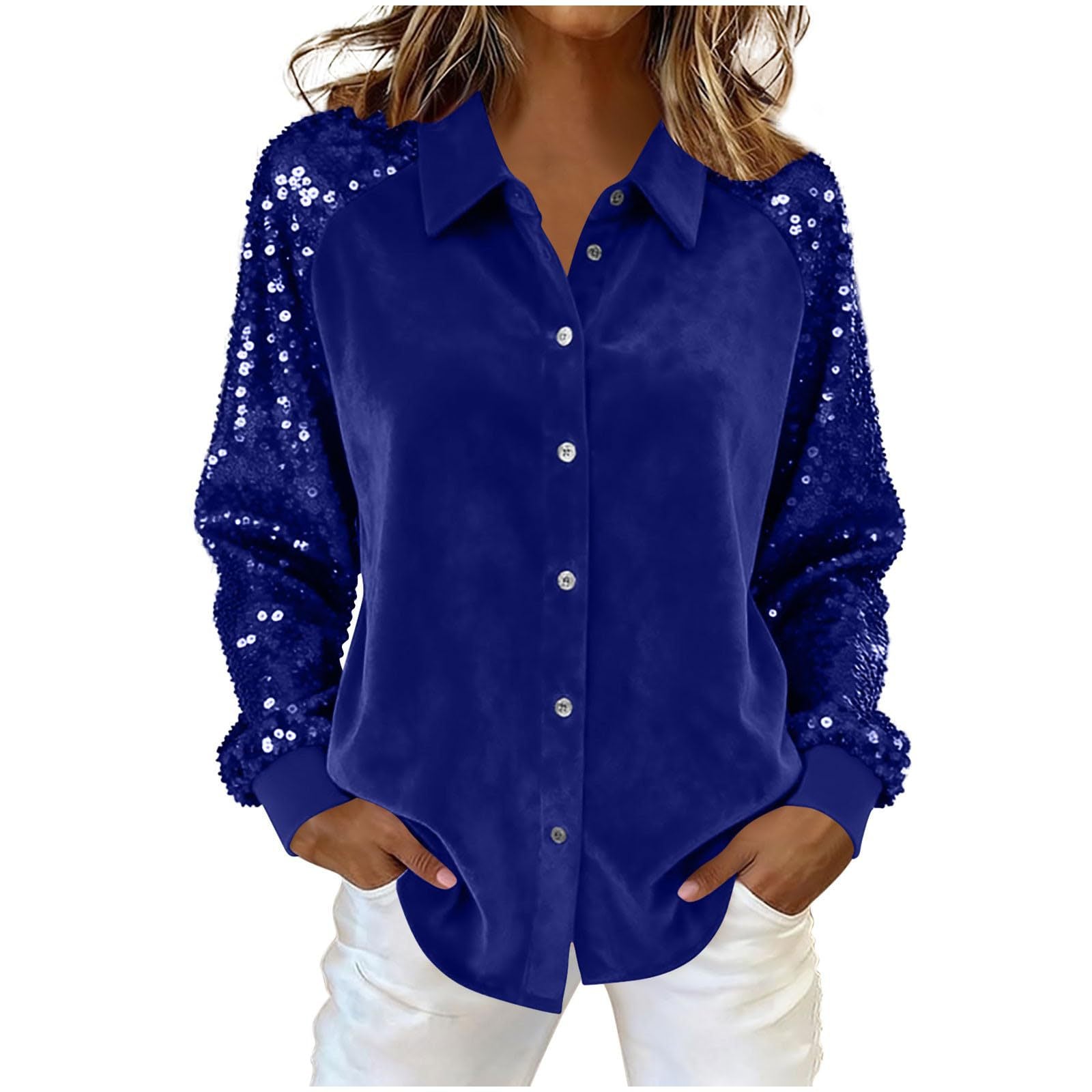Women's Fashion Sequins Long Sleeve Blouses Casual Solid Long Sleeve Turn-down Collar Button Shirts Top Women Holiday Streetwear Clubwear Clothes by null