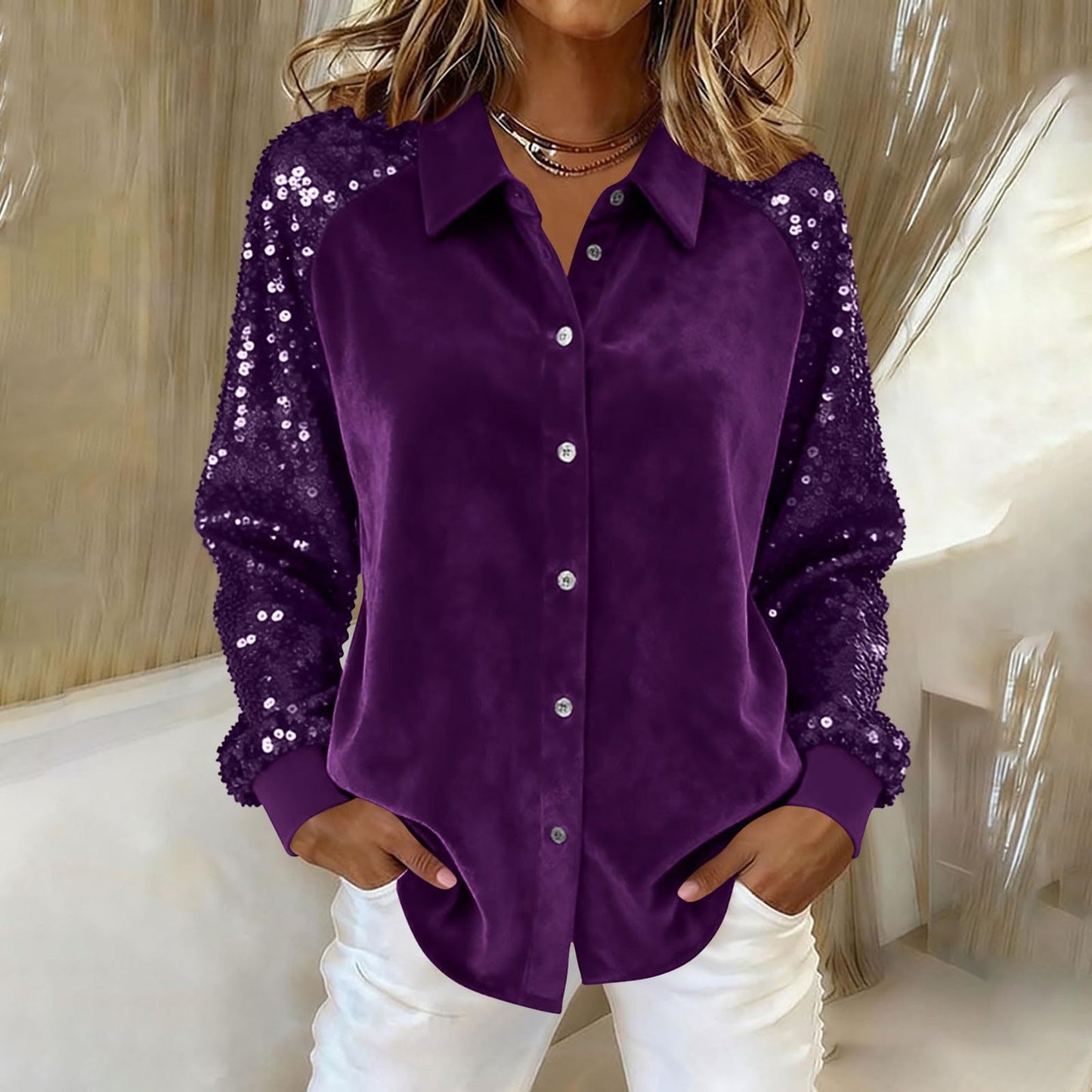 Women's Fashion Sequins Long Sleeve Blouses Casual Solid Long Sleeve Turn-down Collar Button Shirts Top Women Holiday Streetwear Clubwear Clothes by null
