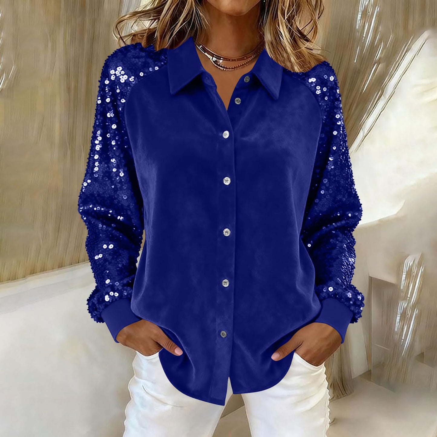Women's Fashion Sequins Long Sleeve Blouses Casual Solid Long Sleeve Turn-down Collar Button Shirts Top Women Holiday Streetwear Clubwear Clothes by null