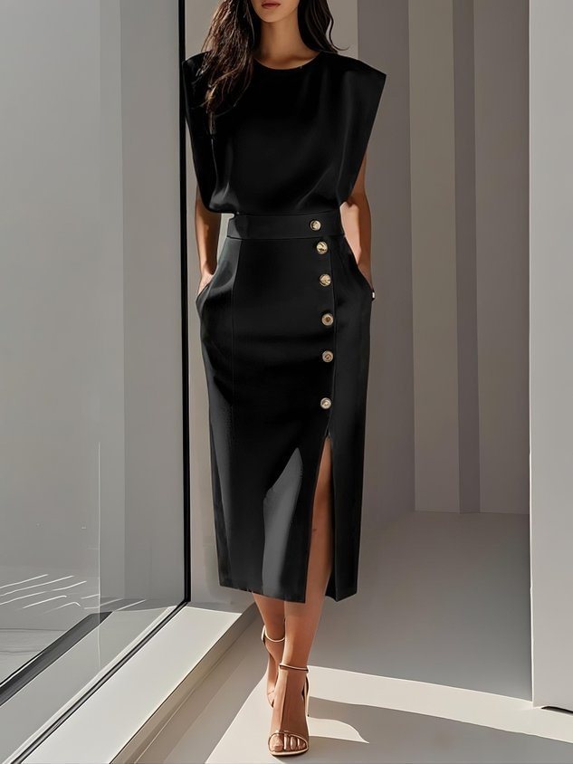 Women's Summer Split Button Front Sleeveless Midi Casual Dress High Waist Polyester by null