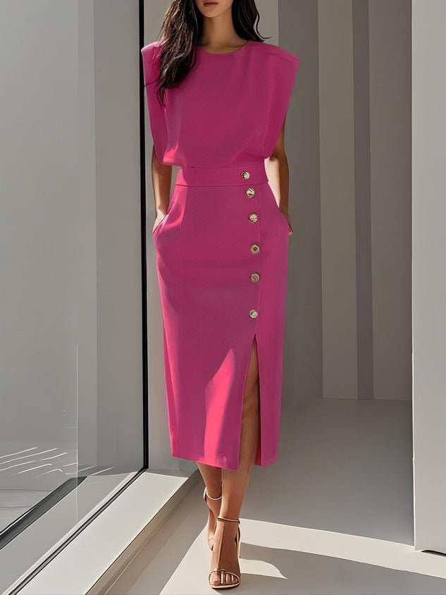 Women's Summer Split Button Front Sleeveless Midi Casual Dress High Waist Polyester by null