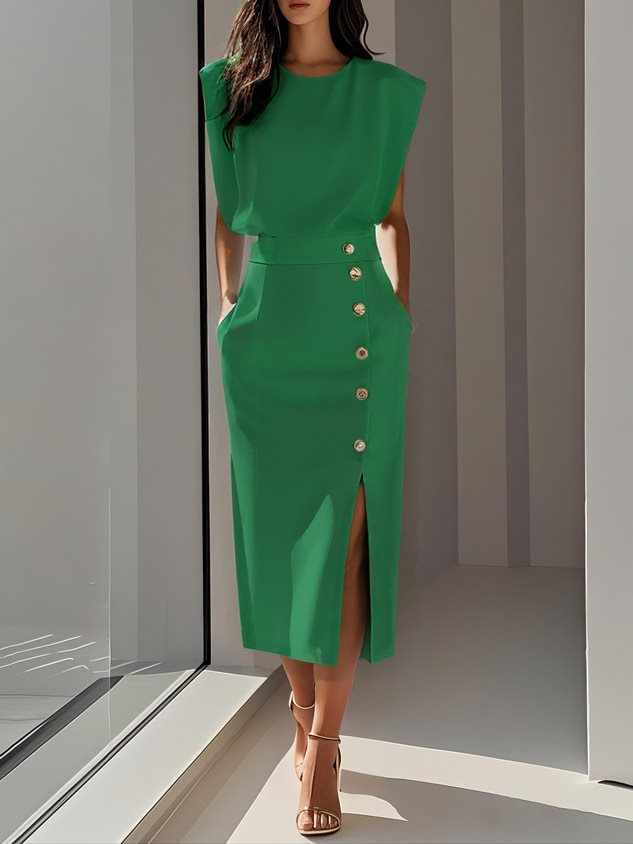 Women's Summer Split Button Front Sleeveless Midi Casual Dress High Waist Polyester by null