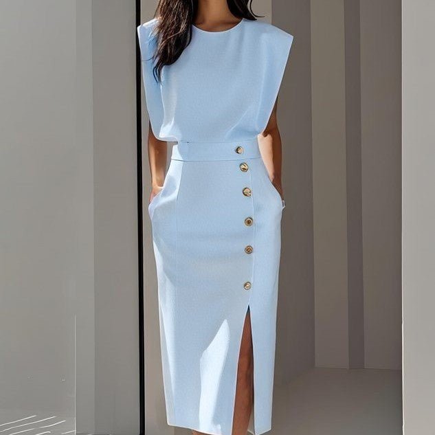 Women's Summer Split Button Front Sleeveless Midi Casual Dress High Waist Polyester by null