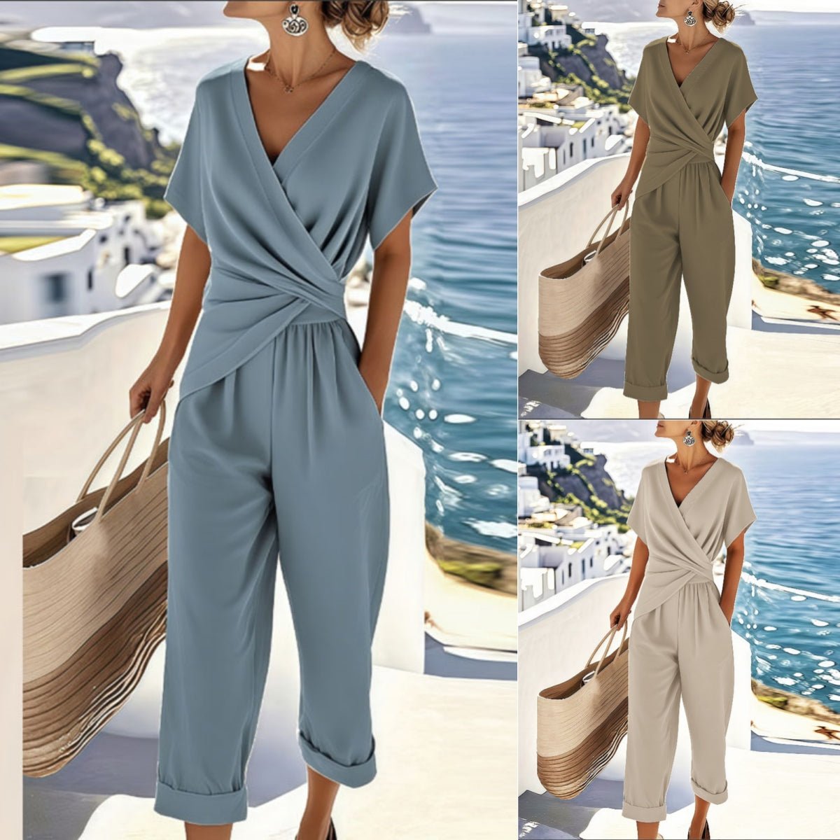 Women's Two Pieces Set Fashion Solid Color Irregular Short Sleeve Suit Summer Fashion V Neck Slim Office Suit Casual Pleated Irregular Top And Pants Female Outfit by null